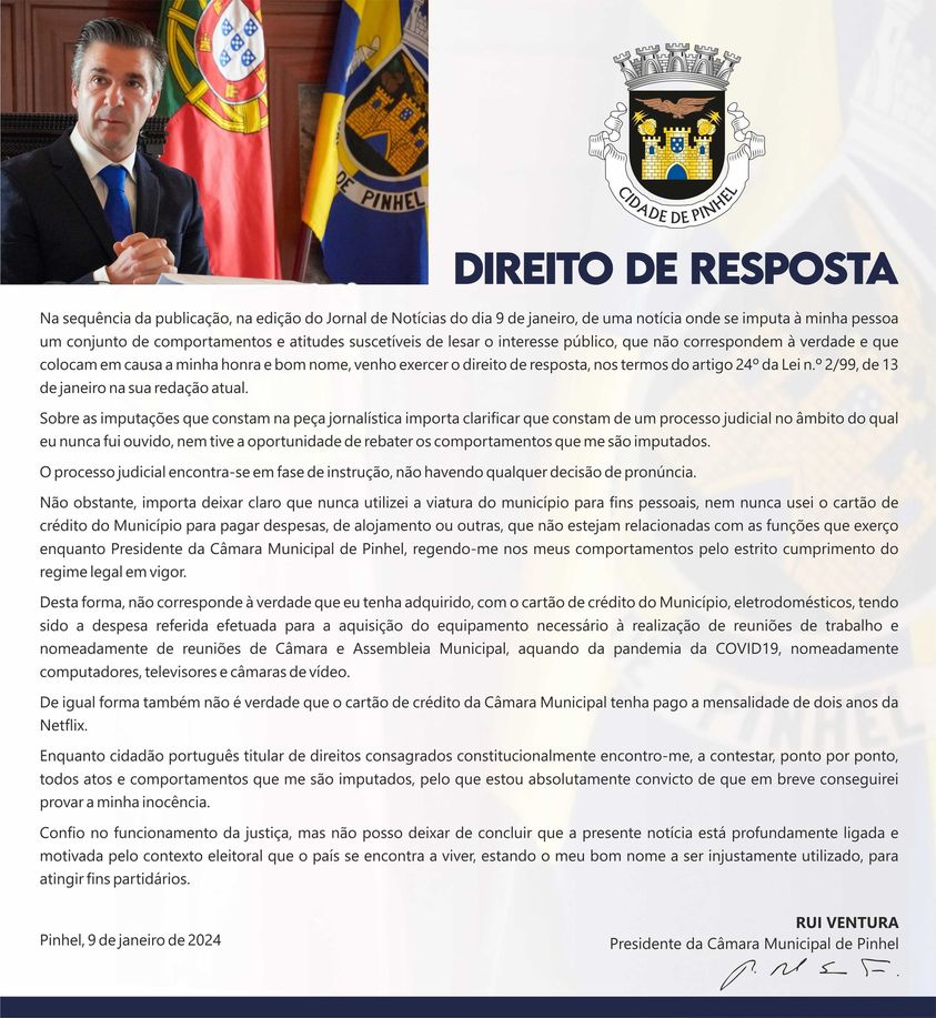 Direito de Resposta publicado pela Câmara de Pinhel no facebook